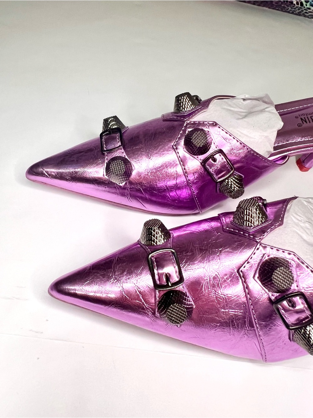 Metallic Embellished Purple Mules w/ Industrial Hardware Studded Metal Accents - Picture 7 of 13